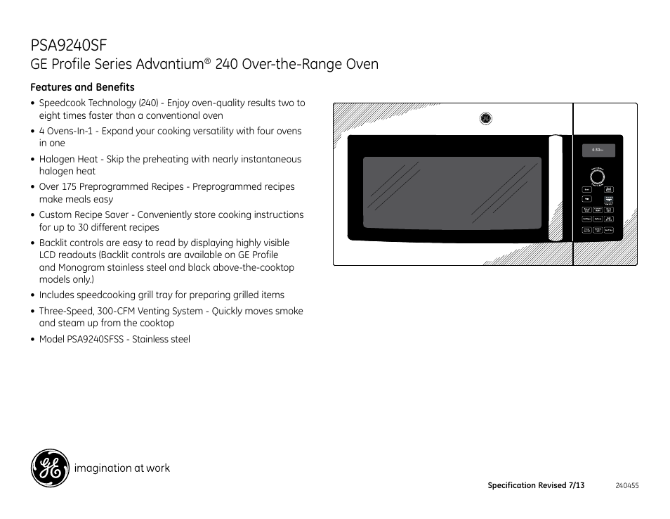 Psa9240sf, Ge profile series advantium, 240 over-the-range oven | GE PSA9240SFSS User Manual | Page 3 / 3