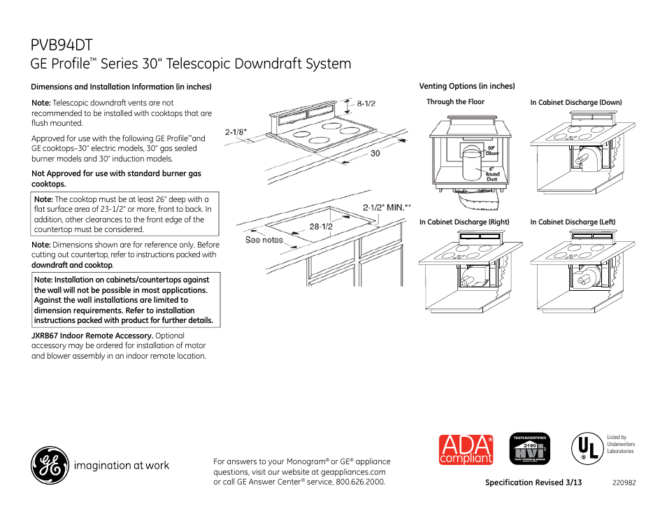 GE PVB94DTBB User Manual | 3 pages