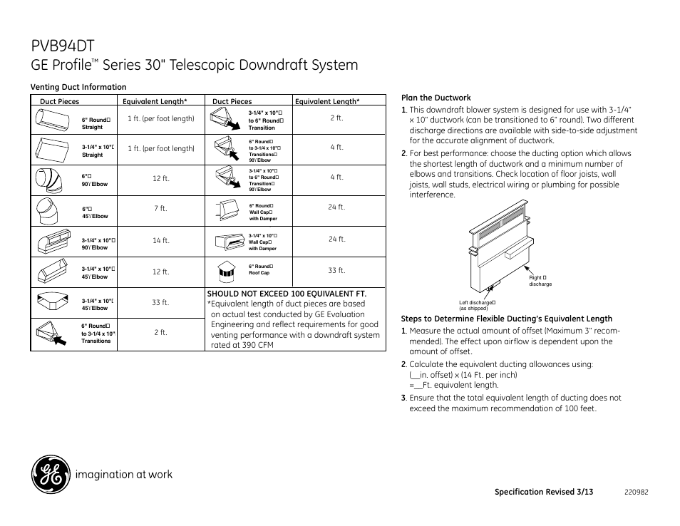 Pvb94dt, Ge profile, Series 30" telescopic downdraft system | Specification revised 3/13 | GE PVB94DTBB User Manual | Page 2 / 3