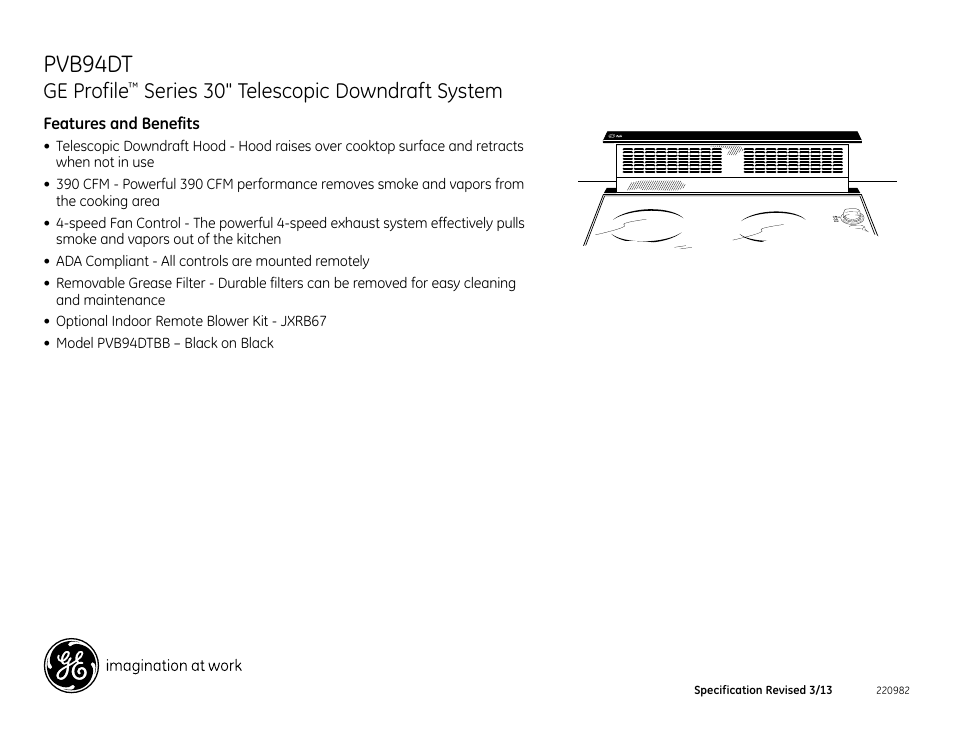 Pvb94dt, Ge profile, Series 30" telescopic downdraft system | GE PVB94DTBB User Manual | Page 3 / 3