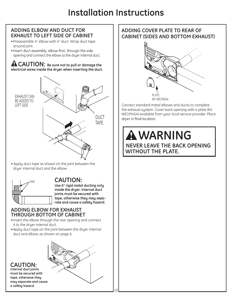 Warning, Installation instructions, Caution | Never leave the back opening without the plate | GE GTDS850GDWS User Manual | Page 10 / 18