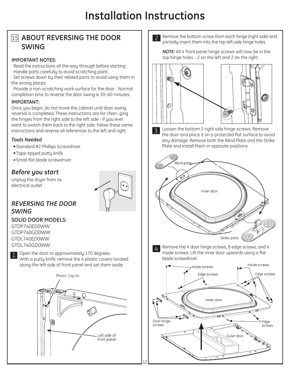 Installation instructions, About reversing the door swing | GE GTDS850GDWS User Manual | Page 12 / 18