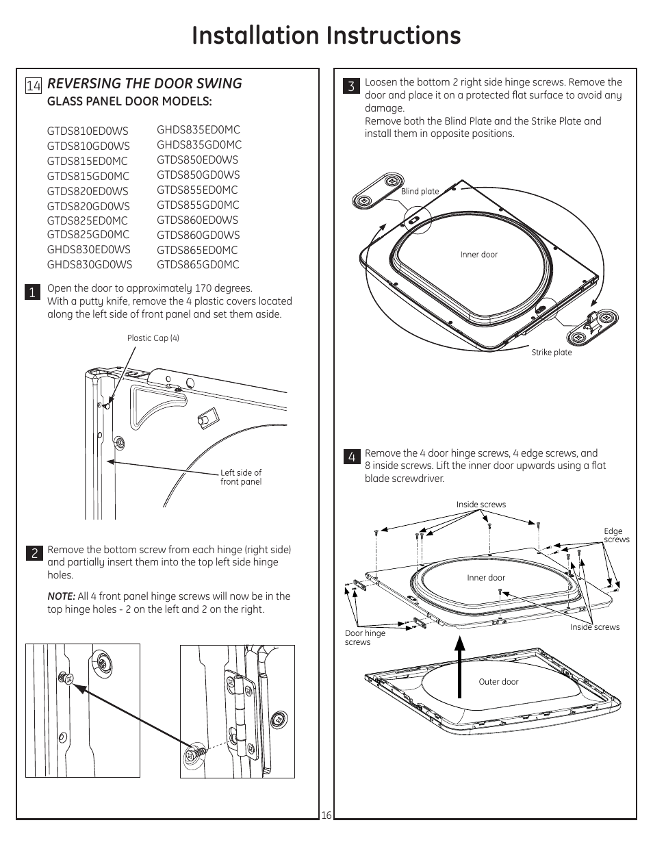Installation instructions, Reversing the door swing | GE GTDS850GDWS User Manual | Page 16 / 18