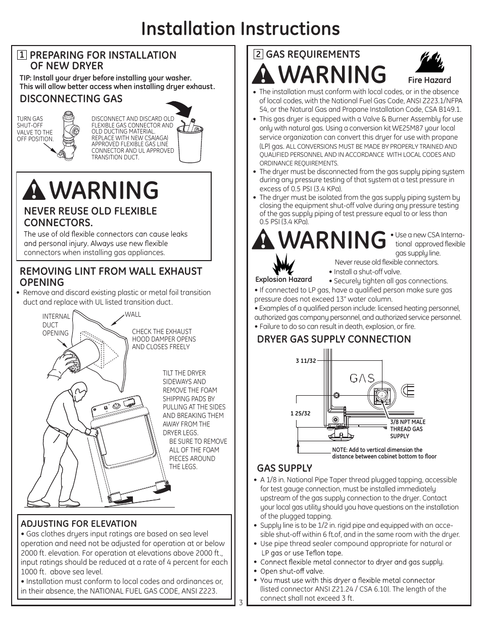 Warning, Installation instructions, Preparing for installation of new dryer | Removing lint from wall exhaust opening, Gas requirements, Dryer gas supply connection gas supply | GE GTDS850GDWS User Manual | Page 3 / 18