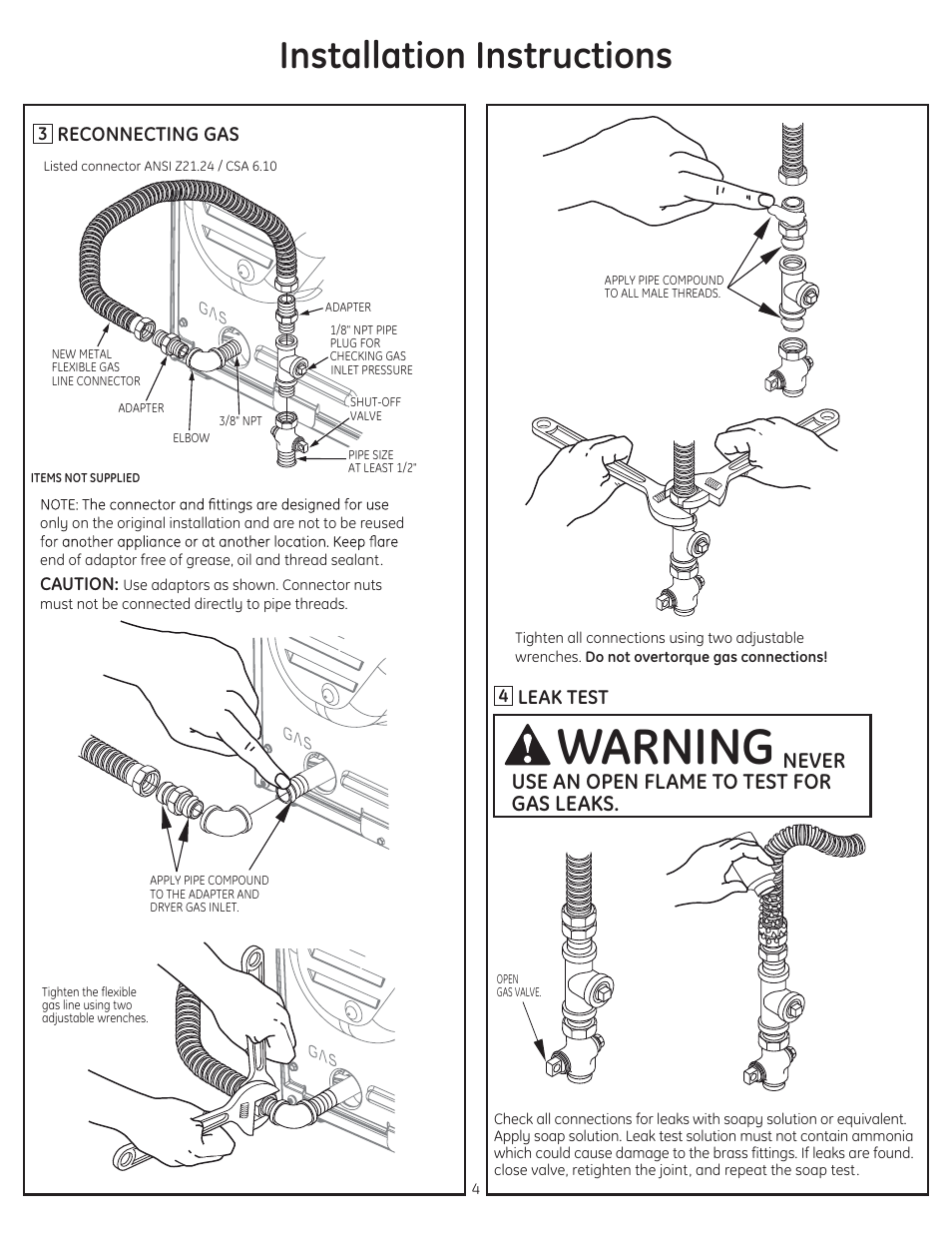 Warning, Installation instructions, Never use an open flame to test for gas leaks | GE GTDS850GDWS User Manual | Page 4 / 18