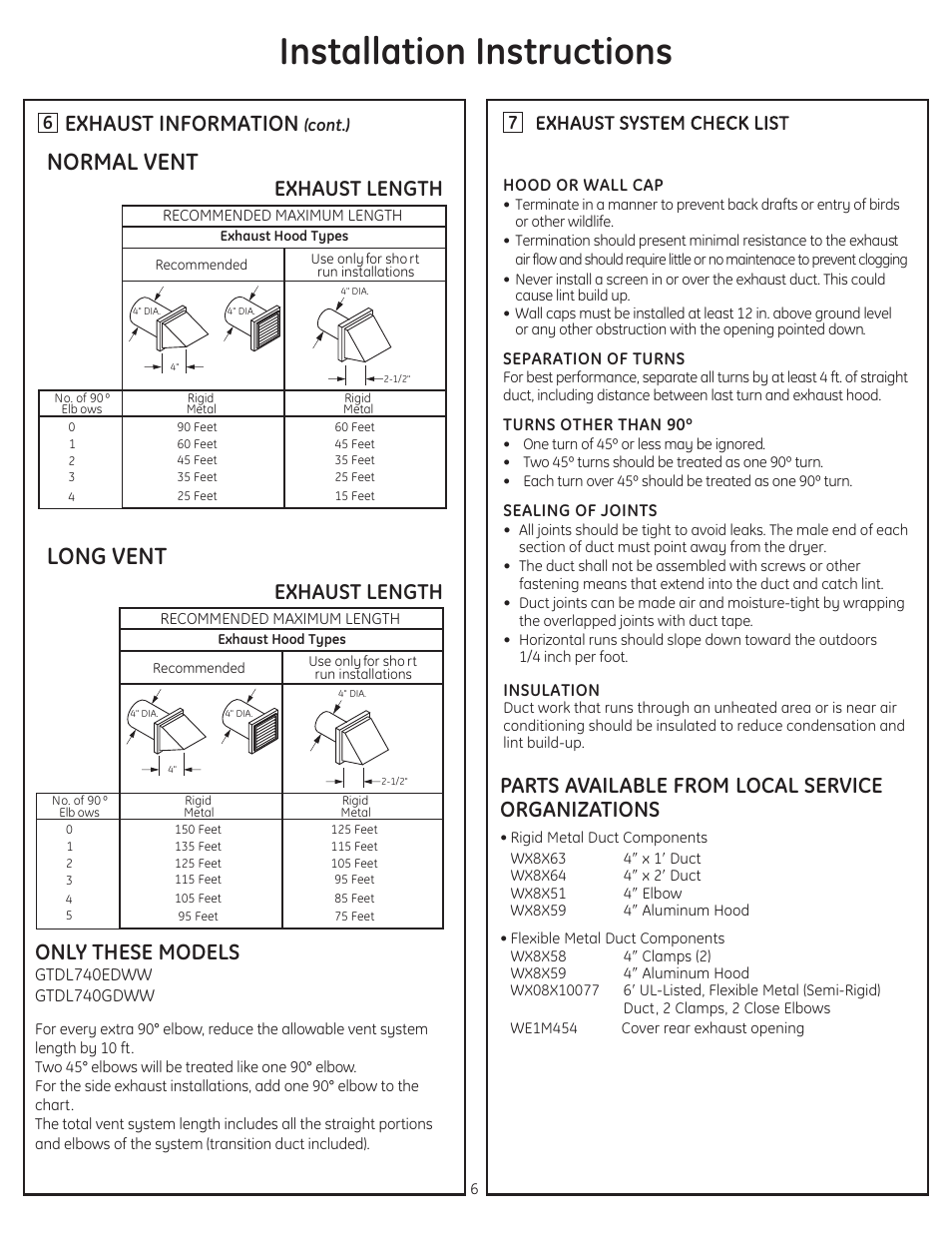 Installation instructions, Normal vent long vent, Exhaust information | Only these models, Parts available from local service organizations, Exhaust length | GE GTDS850GDWS User Manual | Page 6 / 18