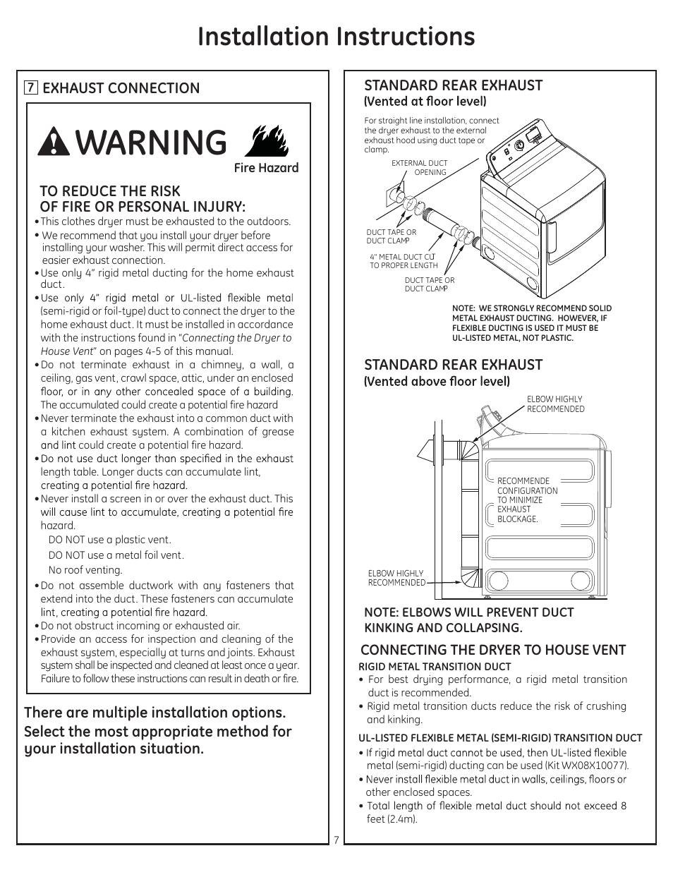 Warning, Installation instructions, Connecting the dryer to house vent | Standard rear exhaust standard rear exhaust | GE GTDS850GDWS User Manual | Page 7 / 18