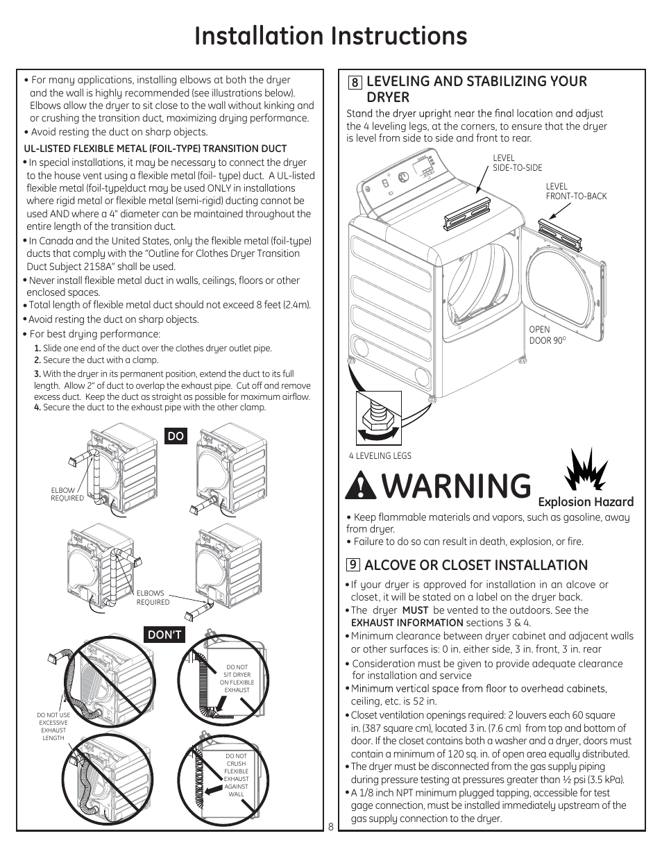 Warning, Installation instructions, Leveling and stabilizing your dryer | Alcove or closet installation, Explosion hazard | GE GTDS850GDWS User Manual | Page 8 / 18