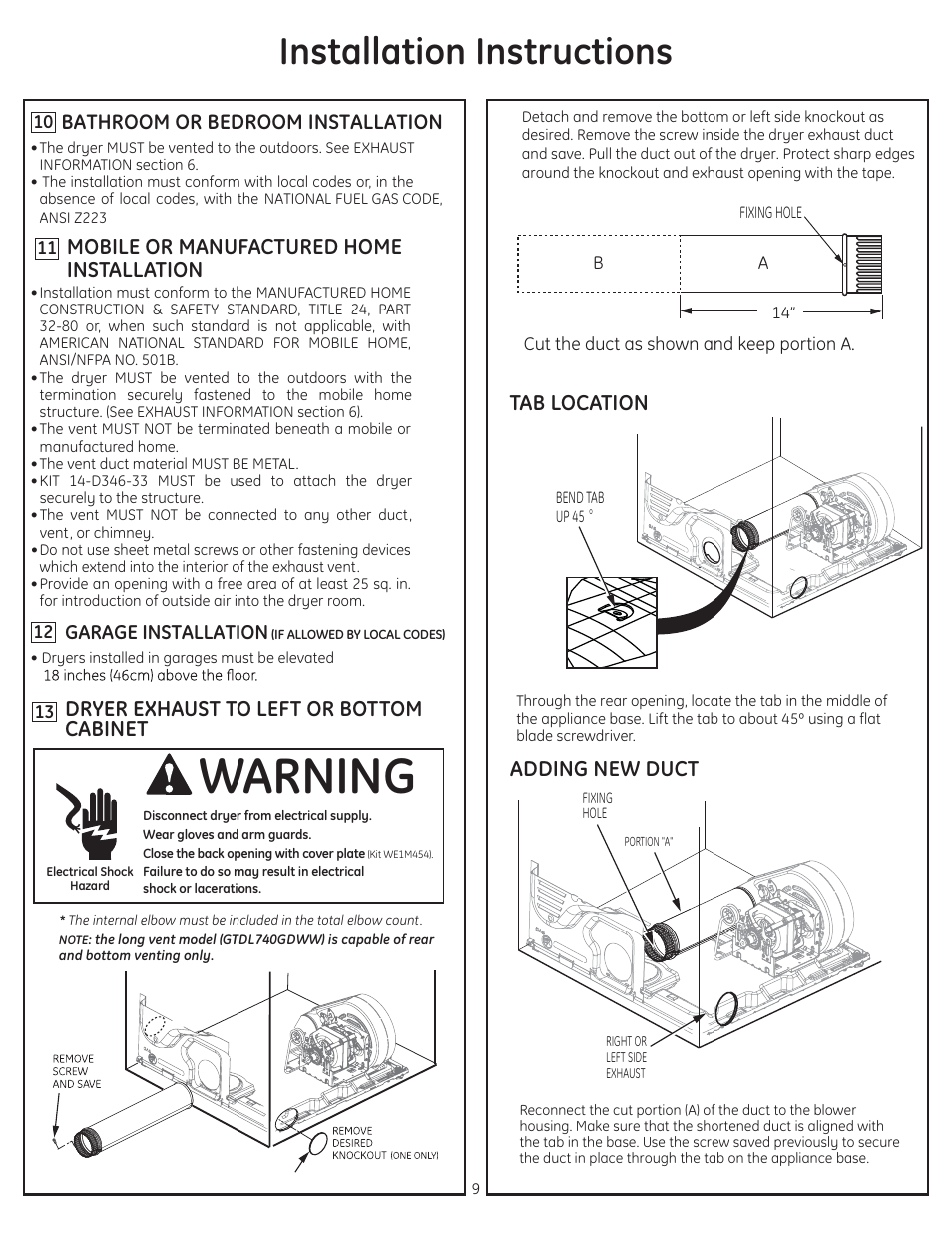 Warning, Installation instructions, Dryer exhaust to left or bottom cabinet | Bathroom or bedroom installation, Mobile or manufactured home installation, Tab location adding new duct, Garage installation | GE GTDS850GDWS User Manual | Page 9 / 18