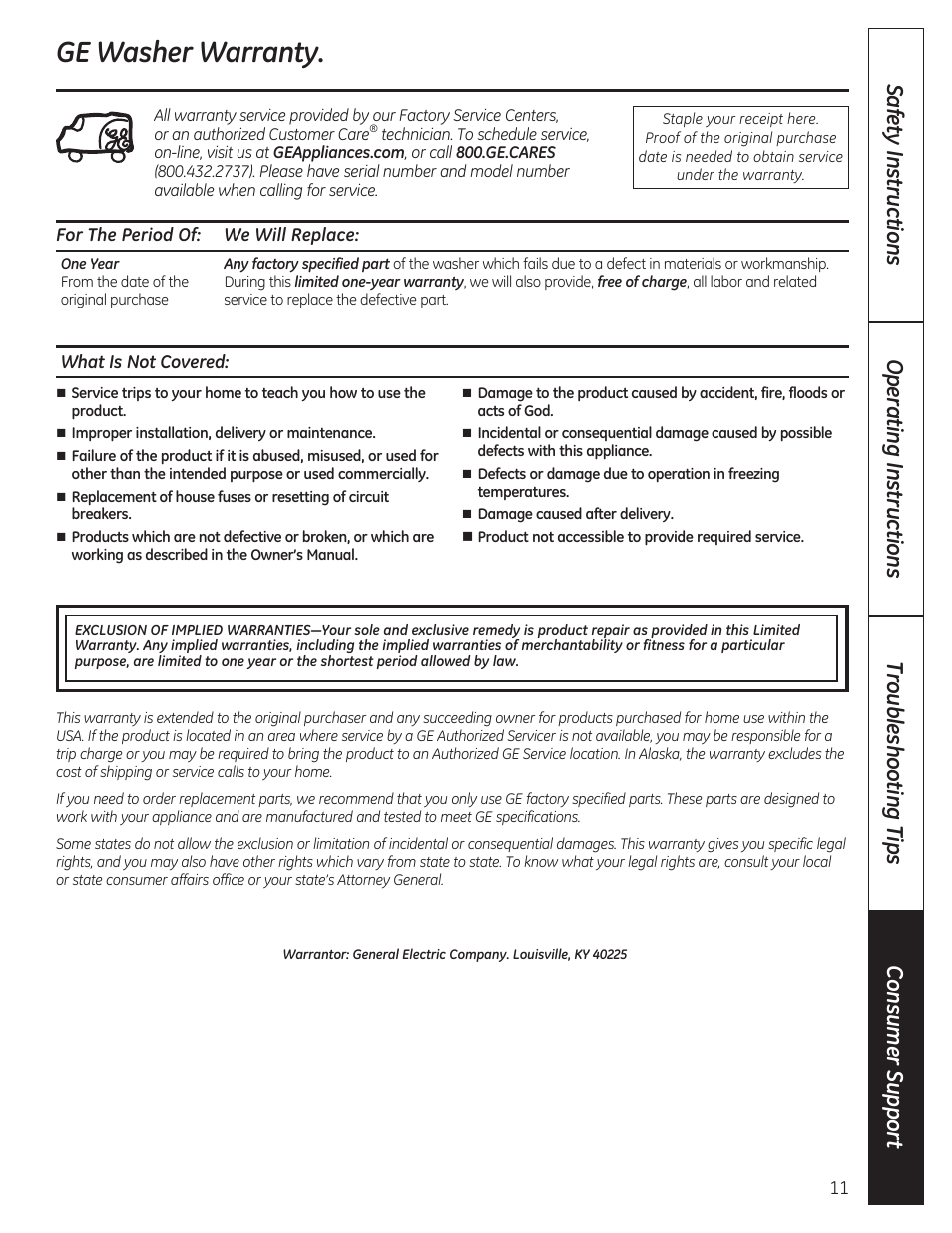 Ge washer warranty, For the period of: we wiii repiace, What is not covered | GE GTWP1800HWS User Manual | Page 11 / 24