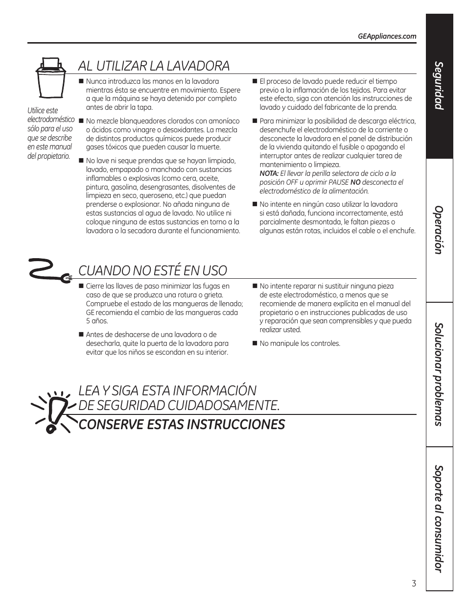 Al utilizar la lavadora, Cuando no este en uso, F\^conserve estas instrucciones | GE GTWP1800HWS User Manual | Page 15 / 24