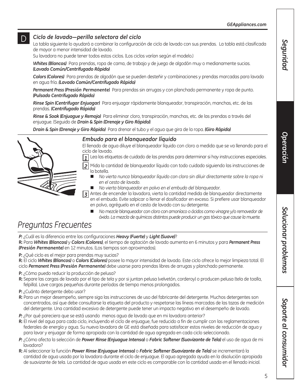 Ciclo de lavado-perilla selectora del ciclo, Embudo para el blanqueador líquido, Preguntas frecuentes | GE GTWP1800HWS User Manual | Page 17 / 24