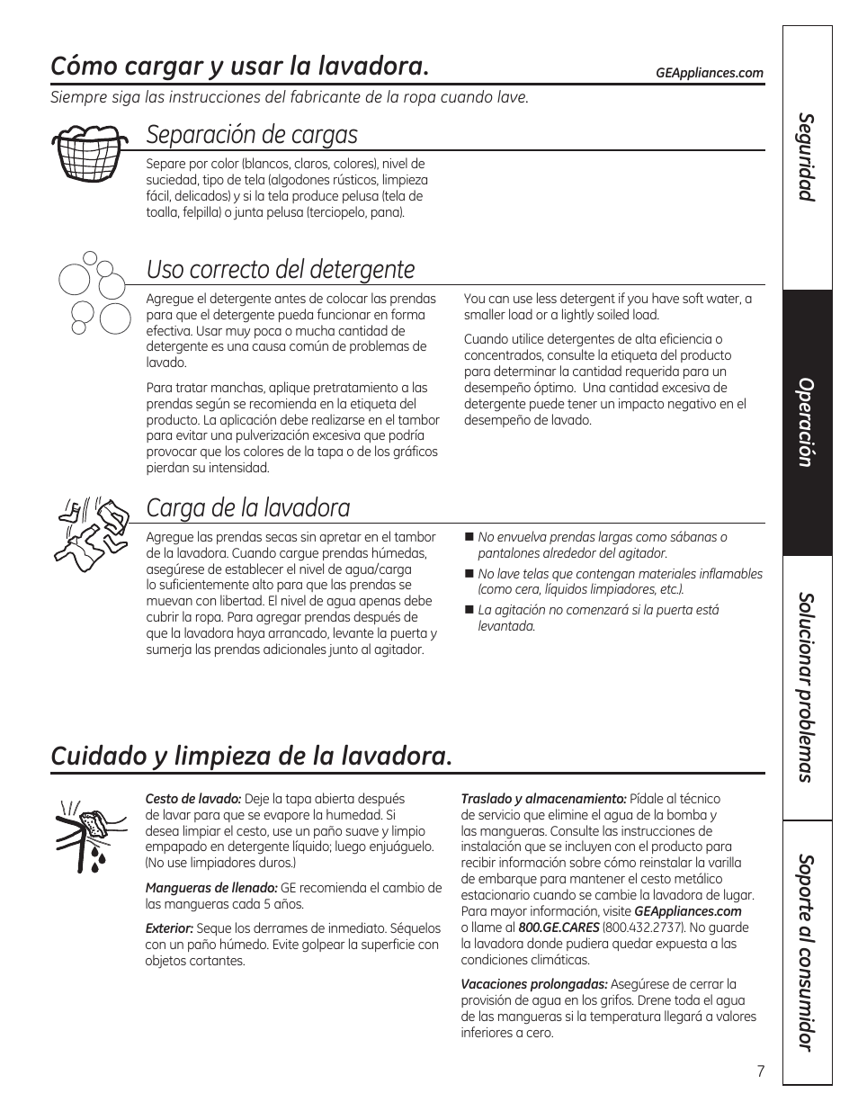Cómo cargar у usar la lavadora, Separación de cargas, Uso correcto del detergente | Cargo de lo lovodora, Cuidado y limpieza de la lavadora | GE GTWP1800HWS User Manual | Page 19 / 24