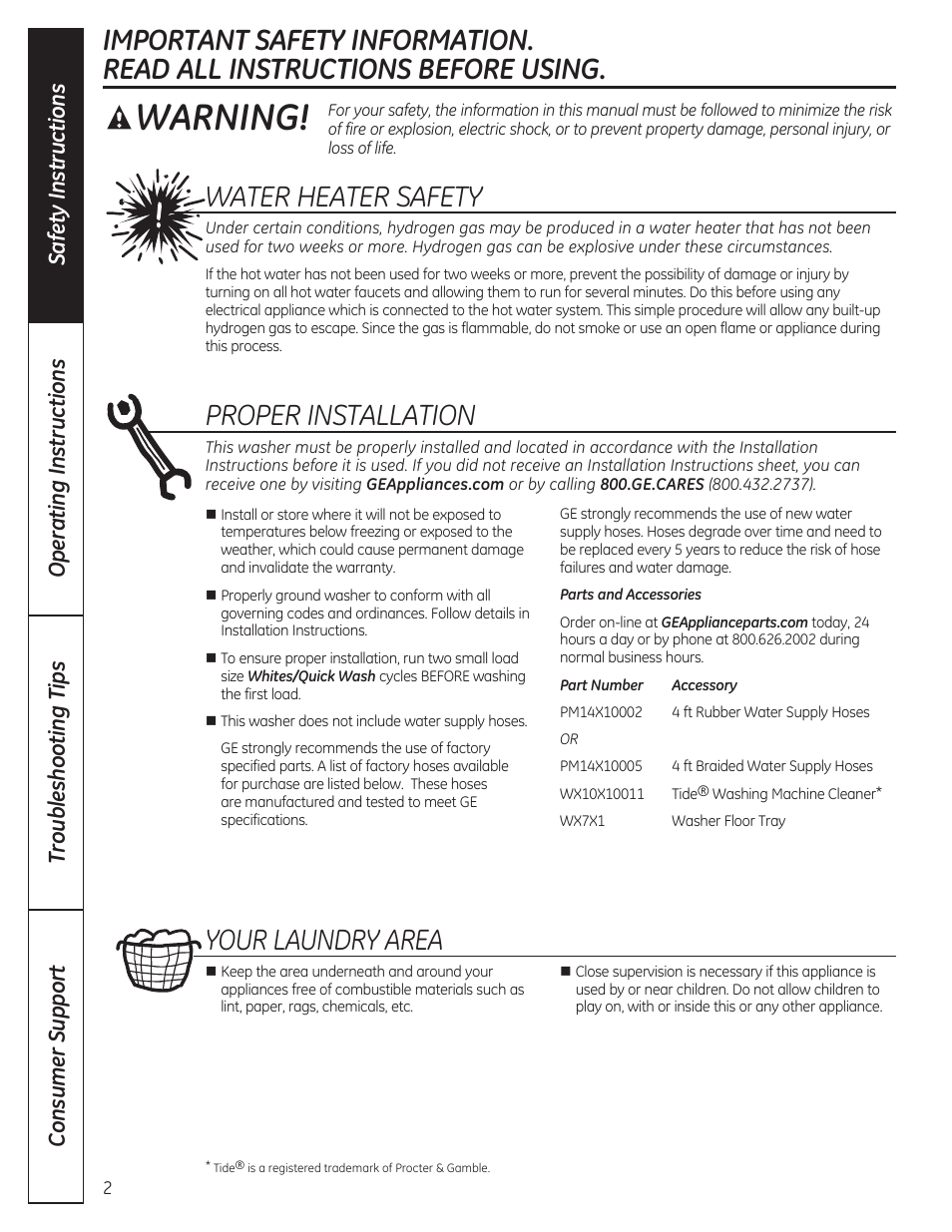 Important safety information, Read all instructions before using, Water heater safety | Proper installation, Your laundryarea | GE GTWP1800HWS User Manual | Page 2 / 24