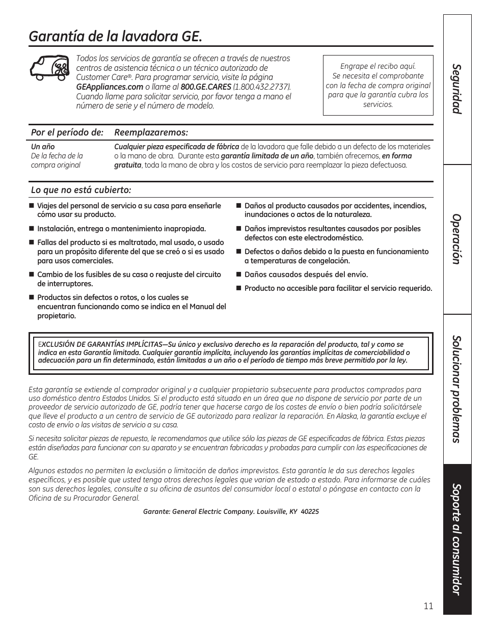 Garantía de la lavadora ge, Por el período de: reemplazaremos, Lo que no está cubierto | GE GTWP1800HWS User Manual | Page 23 / 24