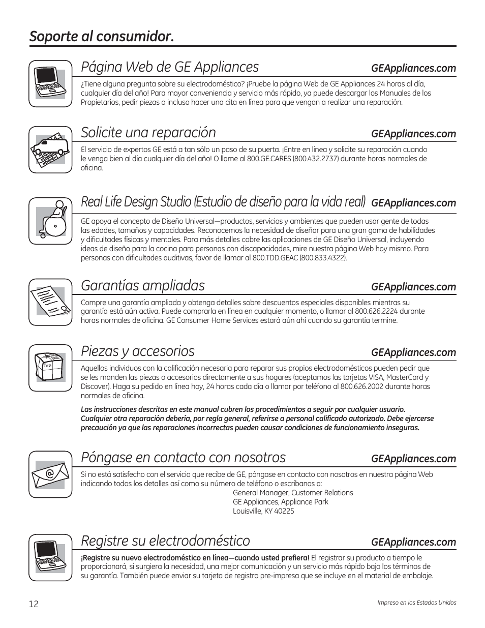 Soporte al consumidor, Solicite una reparación, Garantías ampliadas | Piezas y accesorios, Póngase en contacto con nosotros, Registre su electrodoméstico, Página web de ge appliances | GE GTWP1800HWS User Manual | Page 24 / 24