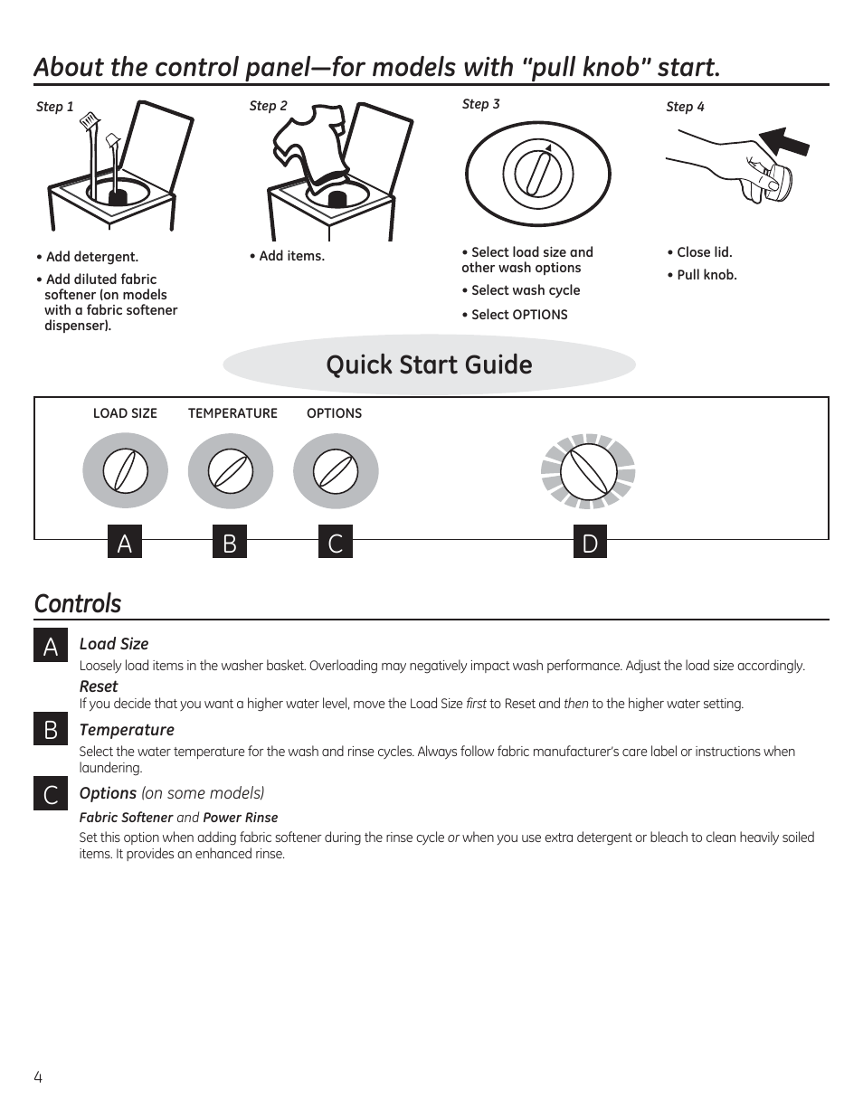Add detergent, Select load size and other wash options, Select options | Close lid. pull knob, Controls, Load size, Reset, Temperature, Quick start guide | GE GTWP1800HWS User Manual | Page 4 / 24