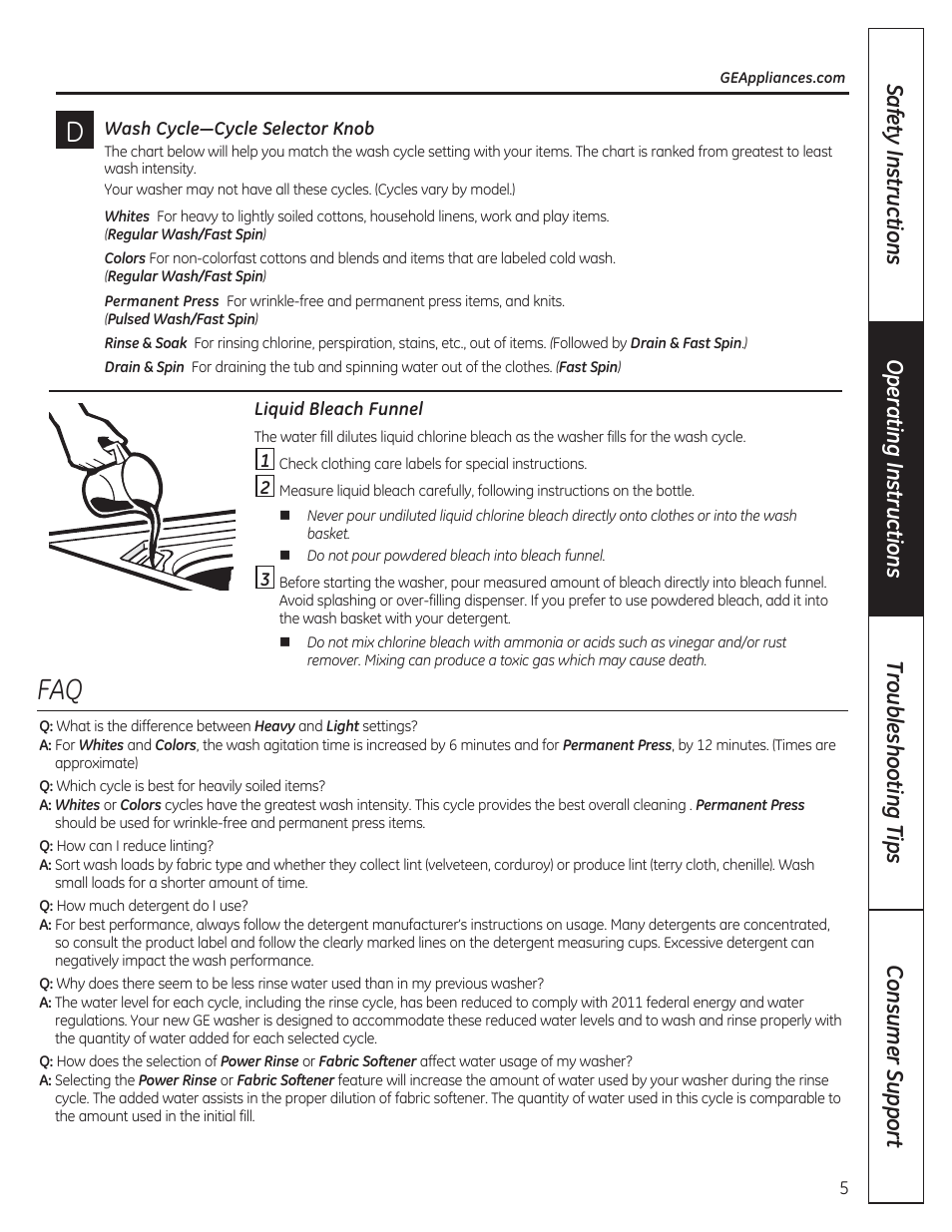 Wash cycle-cycle selector knob, Liquid bleach funnel | GE GTWP1800HWS User Manual | Page 5 / 24