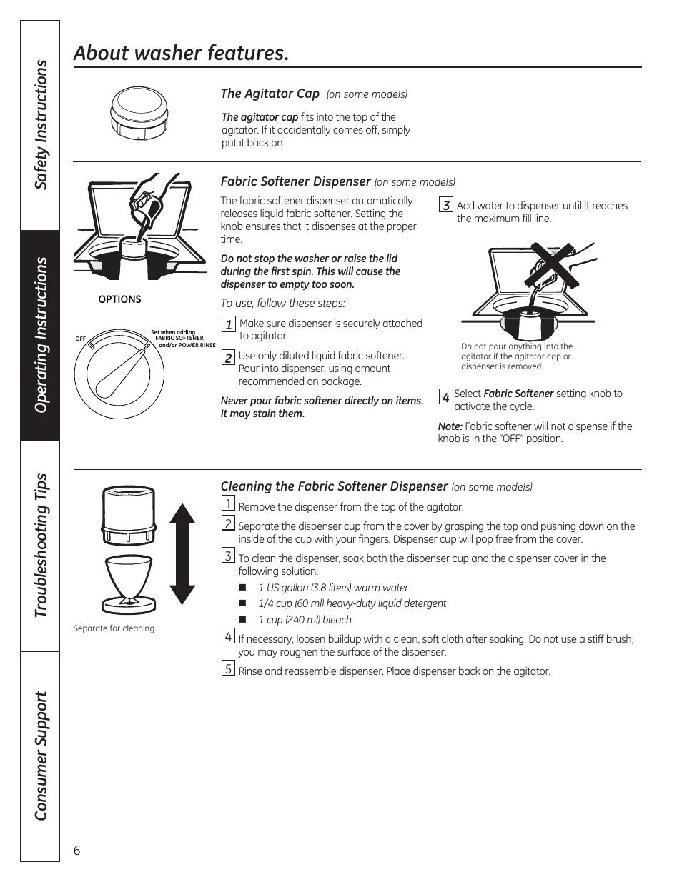 About washer features, Fabric softener dispenser (on some models) | GE GTWP1800HWS User Manual | Page 6 / 24