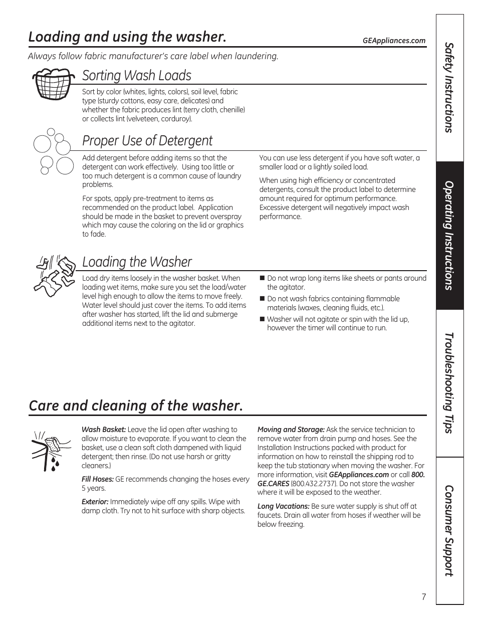 Loading and using the washer, Sorting wash loads, Loading the washer | Care and cleaning of the washer, Proper use of detergent | GE GTWP1800HWS User Manual | Page 7 / 24