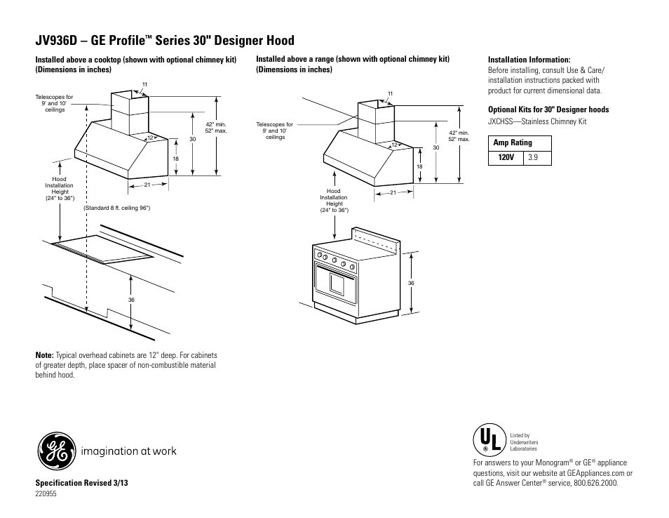 GE JV936DSS User Manual | 2 pages