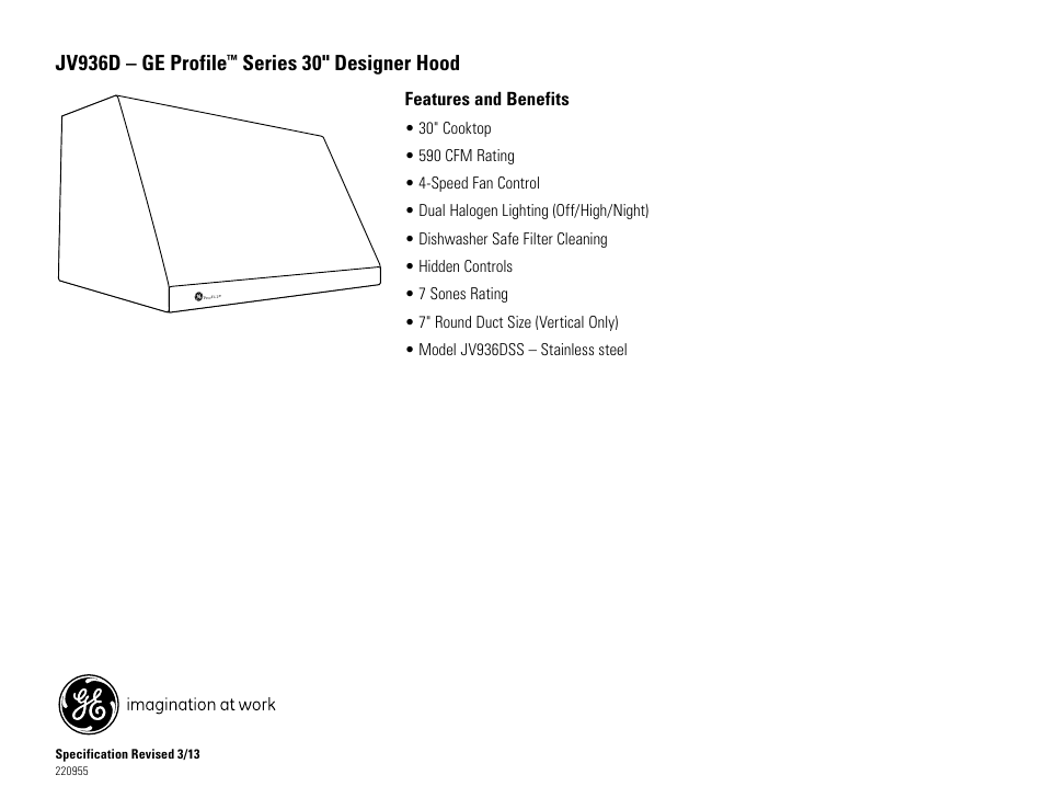 Jv936d – ge profile, Series 30" designer hood | GE JV936DSS User Manual | Page 2 / 2