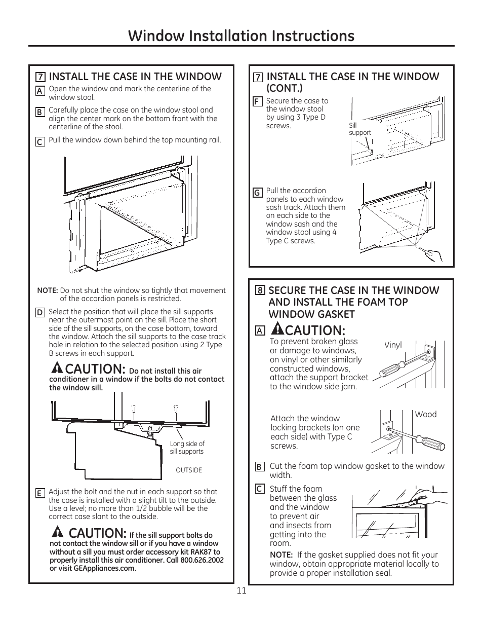 0 install the case in the window, A install the case in the window (cont.), Window installation instructions | A caution, Aution | GE AEE08AR User Manual | Page 11 / 52