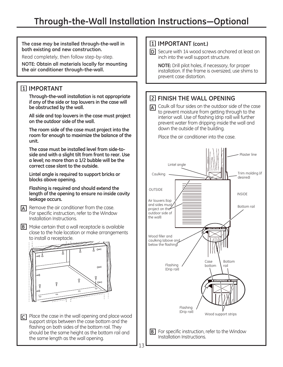 E important, 0 important (cont.), 0 finish the wall opening | GE AEE08AR User Manual | Page 13 / 52