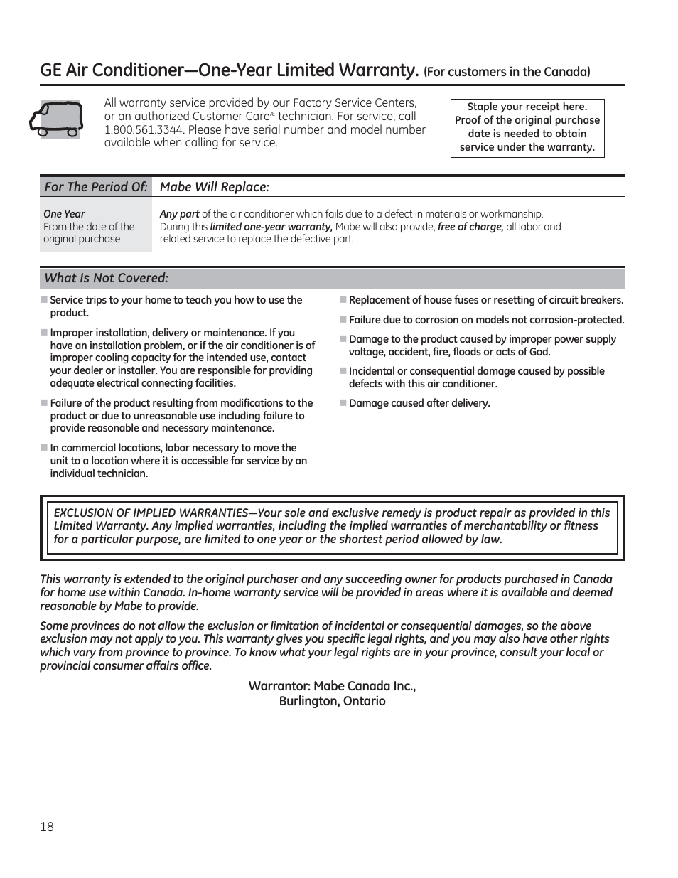 What is not covered, Ge air conditioner-one-year limited warranty | GE AEE08AR User Manual | Page 18 / 52