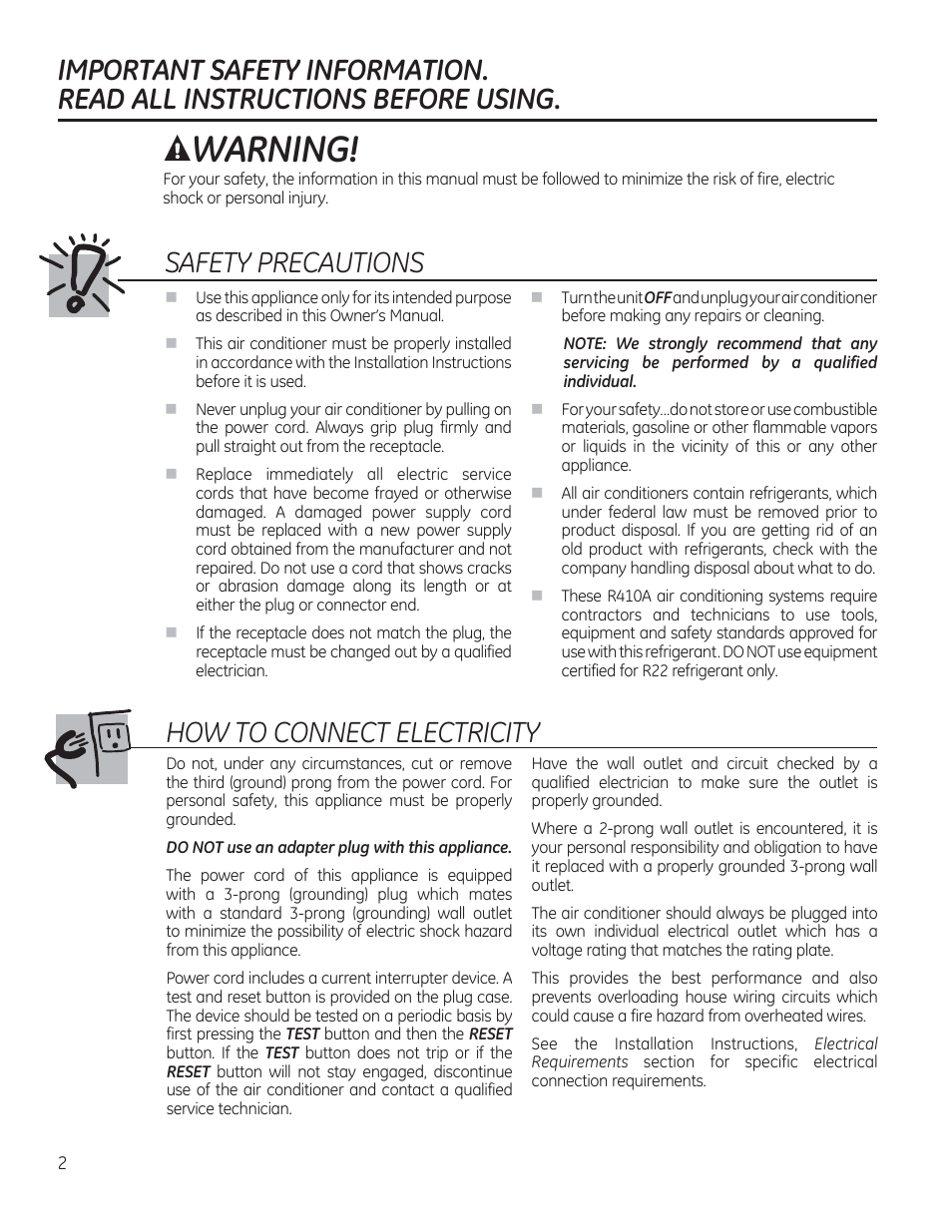 Important safety information, Read all instructions before using, Awarning | Safety precautions, How to connect electricity | GE AEE08AR User Manual | Page 2 / 52