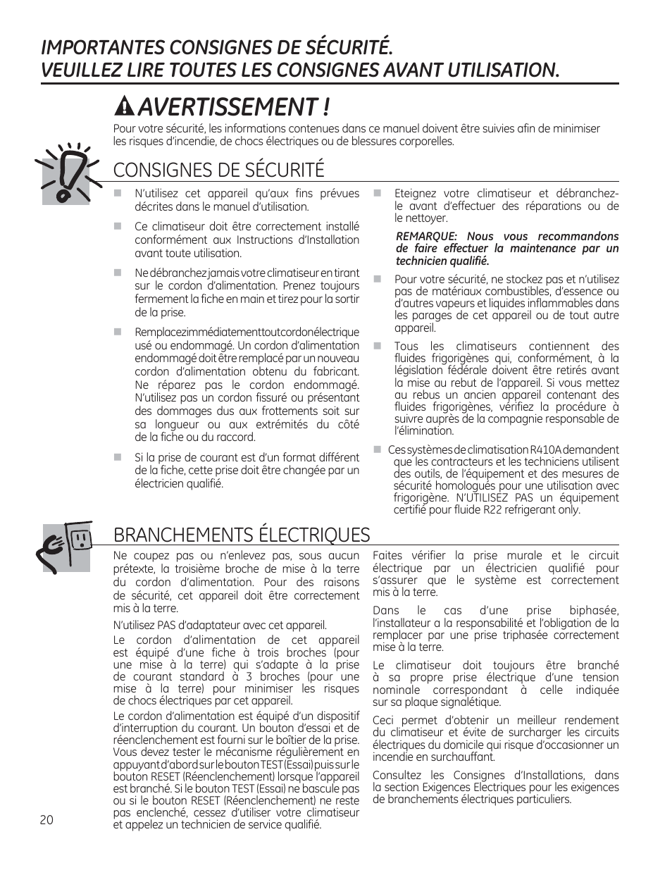 Importantes consignes de securite, A avertissement, Consignes de sécurité | Branchements electriques | GE AEE08AR User Manual | Page 20 / 52