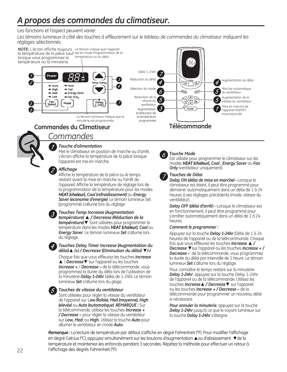 A propos des commandes du climatiseur, Tiïhii, Commandes | Commandes du climatiseur, Télécommande, Rmode j | GE AEE08AR User Manual | Page 22 / 52