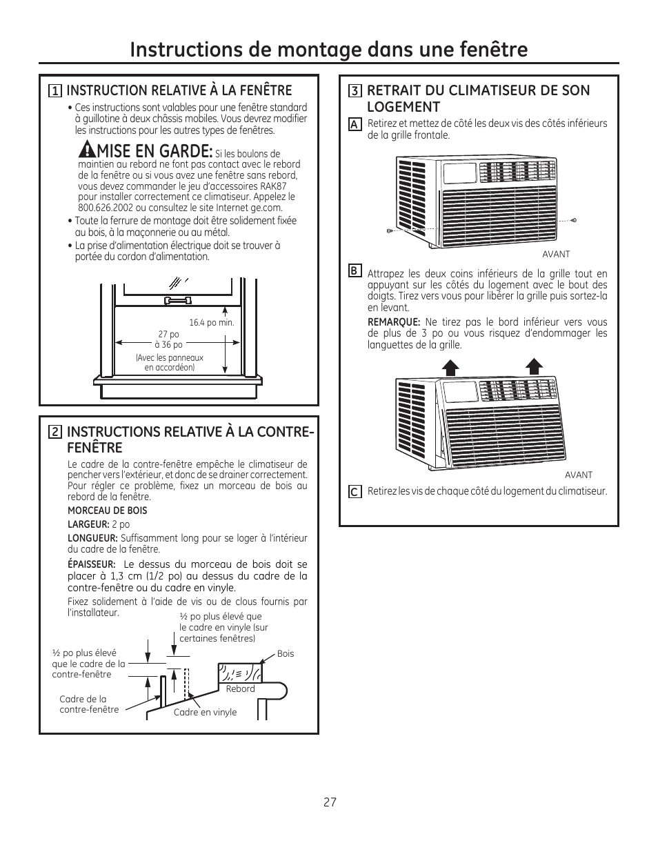 H instruction relative à la fenêtre, Instructions relative a la contre- fenêtre, E retrait du climatiseur de son logement | Instructions de montage dans une fenêtre, Amise, Garde | GE AEE08AR User Manual | Page 27 / 52