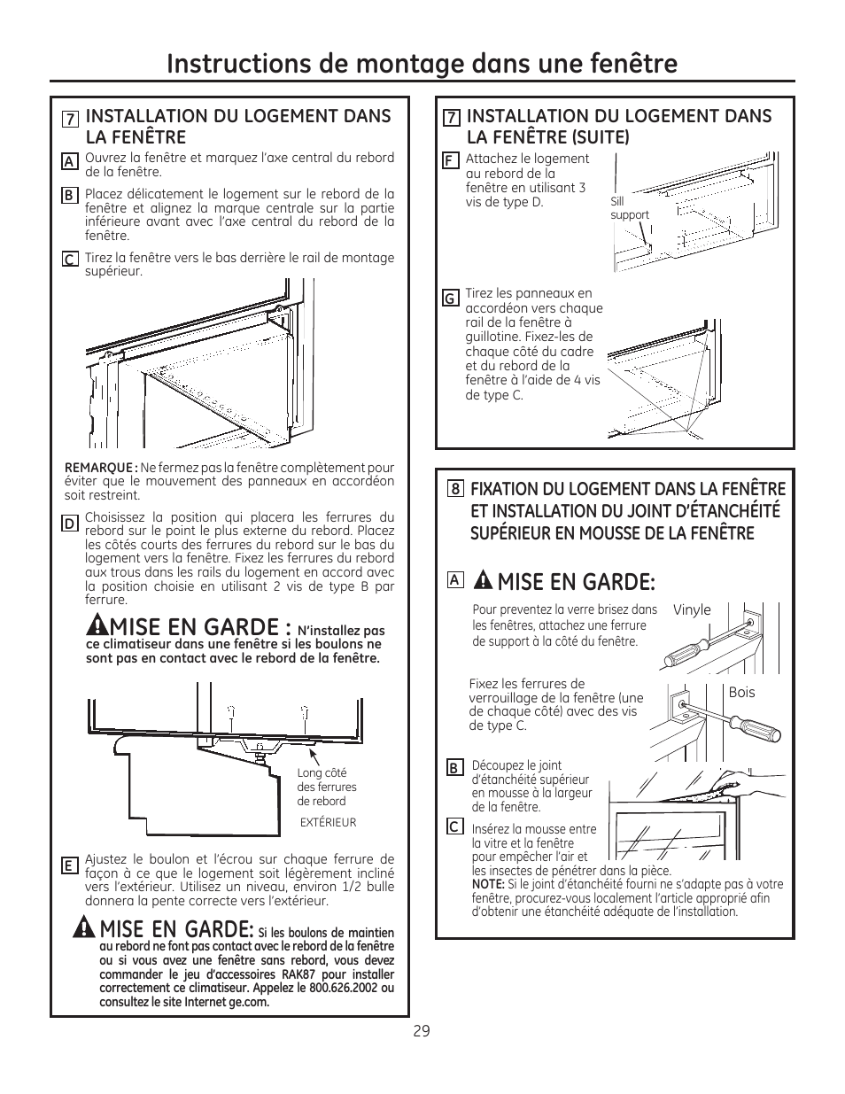 0 installation du logement dans la fenêtre, A installation du logement dans la fenêtre (suite), Kmise en garde | Instructions de montage dans une fenêtre, 1^ a | GE AEE08AR User Manual | Page 29 / 52