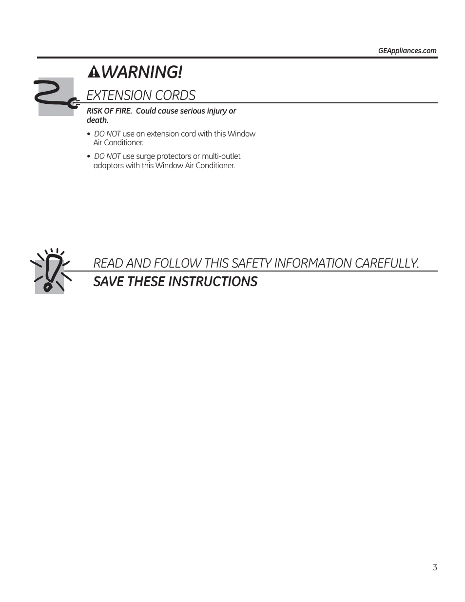 Awarning, Save these instructions, Extension cords | Read and follow this safety information carefully | GE AEE08AR User Manual | Page 3 / 52