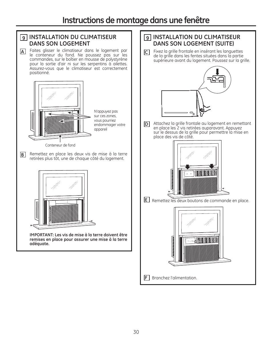 H installation du climatiseur dans son logement, Instructions de montage dans une fenêtre | GE AEE08AR User Manual | Page 30 / 52