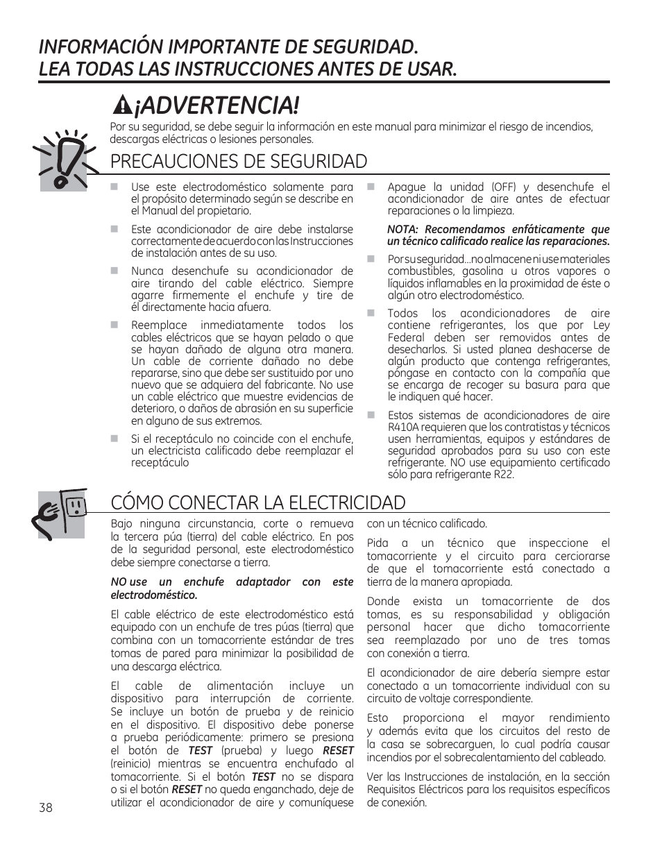 Informacion importante de seguridad, Lea todas las instrucciones antes de usar, Ajadvertencia | Precauciones de seguridad | GE AEE08AR User Manual | Page 36 / 52