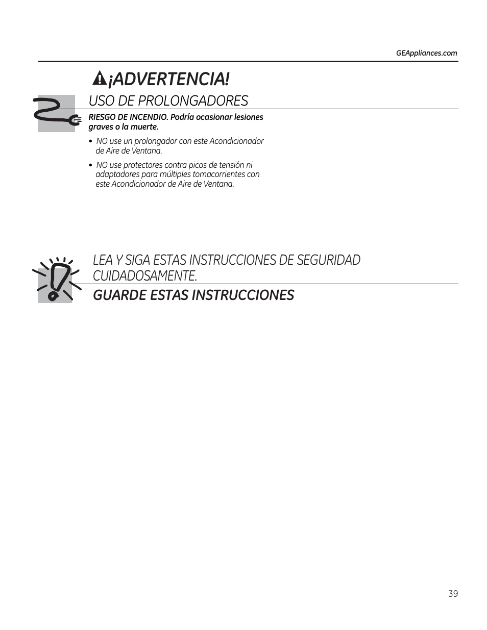 Aiadvertencia, Uso de prolongadores, Guarde estas instrucciones | GE AEE08AR User Manual | Page 37 / 52