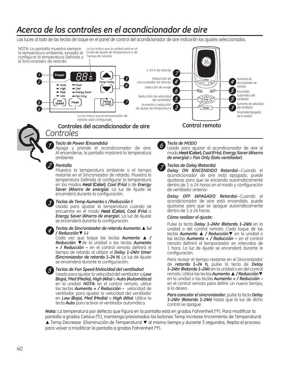 Controles del acondicionador de aire, Control remoto, Controles | GE AEE08AR User Manual | Page 38 / 52