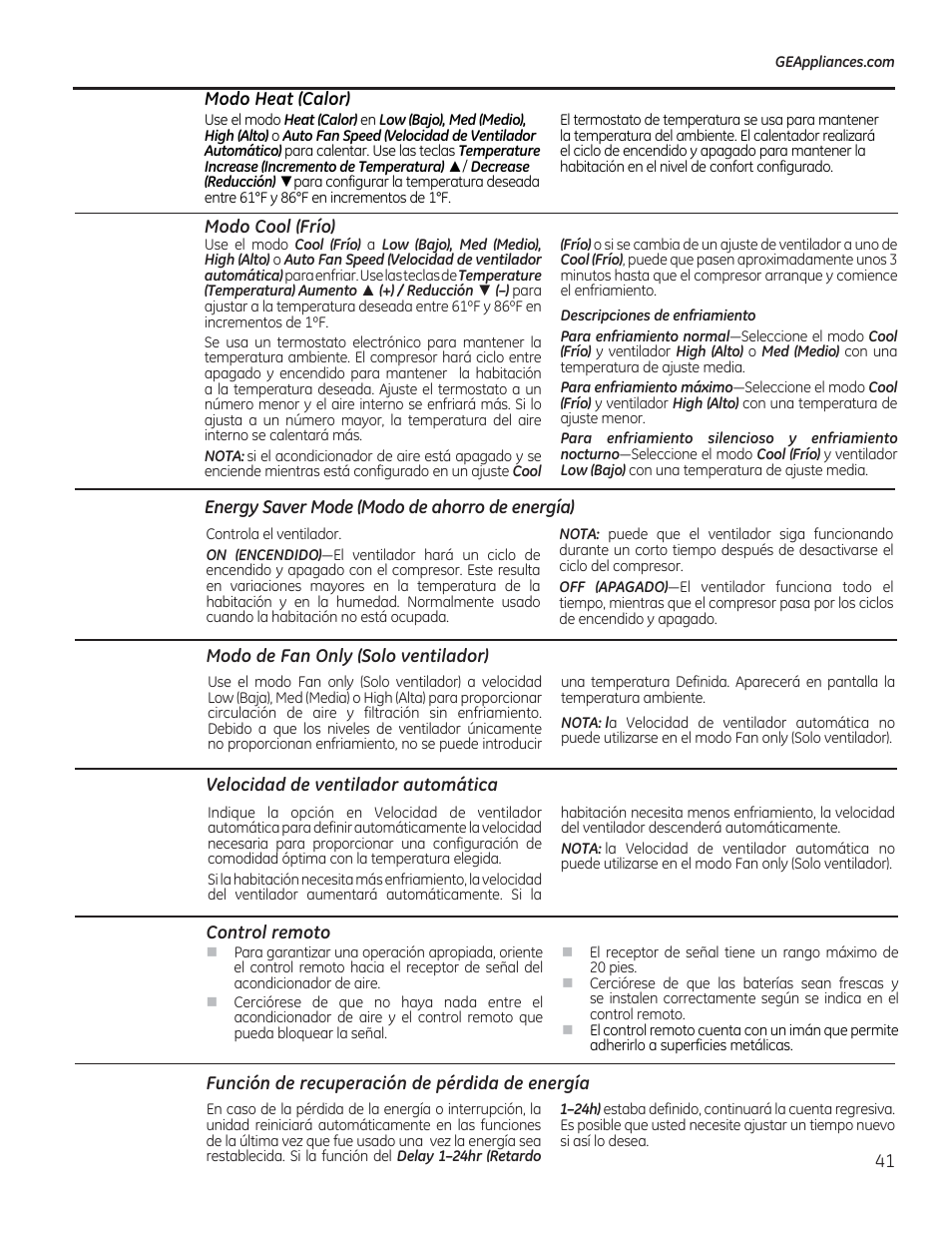 Modo heat (calor), Modo cool (frío), Energy saver mode (modo de ahorro de energía) | Modo de fan oniy (solo ventilador), Velocidad de ventilador automática, Control remoto, Función de recuperación de pérdida de energía | GE AEE08AR User Manual | Page 39 / 52