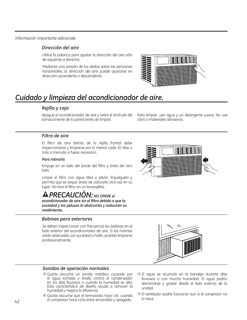Dirección del aire, Cuidado y limpieza del acondicionador de aire, Rejilla y caja | Filtro de aire, Bobinas para exteriores, Sonidos de operación normales, Precaución | GE AEE08AR User Manual | Page 40 / 52