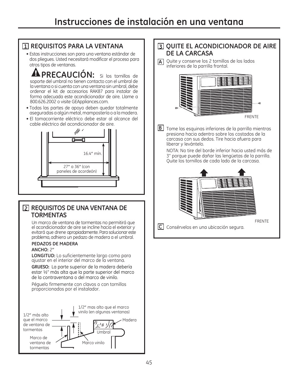 H requisitos para la ventana, 0 requisitos de una ventana de tormentas, De la carcasa | Ntiit, Instrucciones de instalación en una ventana, Caución | GE AEE08AR User Manual | Page 43 / 52