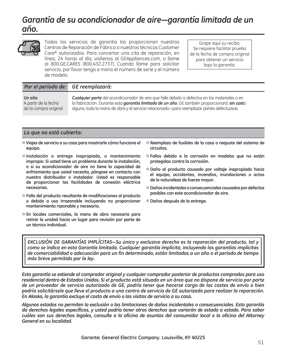 Por el período de: ge reemplazará, Lo que no está cubierto | GE AEE08AR User Manual | Page 49 / 52