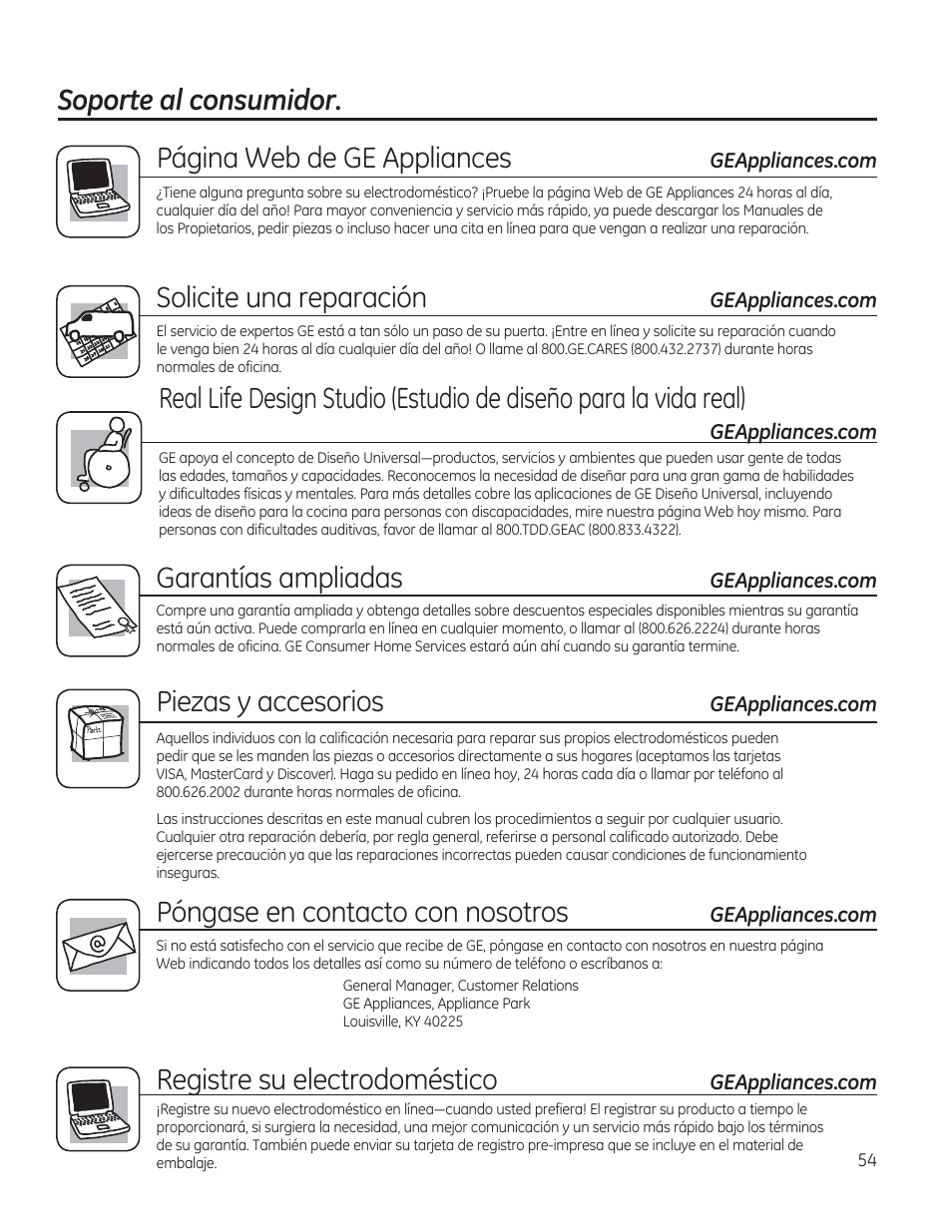 Soporte al consumidor, Página web de ge appliances, Solicite una reparación | Garantías ampliadas, Piezas y accesorios, Póngase en contacto con nosotros, Registre su electrodoméstico | GE AEE08AR User Manual | Page 52 / 52