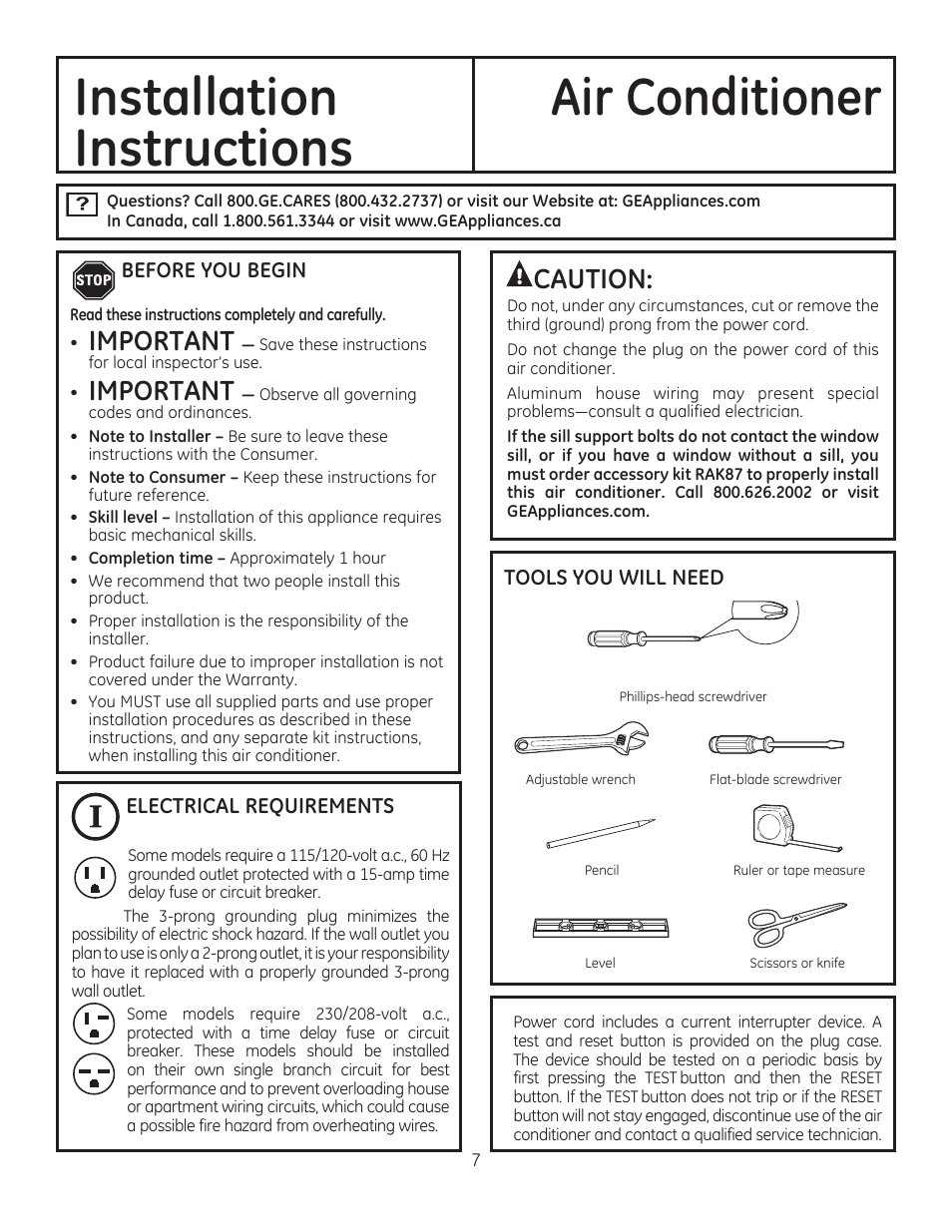 Installation, Instructions, Air conditioner | Before you begin, Electrical requirements, Installation instructions air conditioner, Important, Aution | GE AEE08AR User Manual | Page 7 / 52