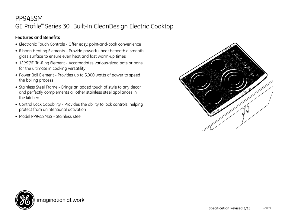 Pp945sm, Ge profile, Series 30" built-in cleandesign electric cooktop | GE PP945SMSS User Manual | Page 2 / 2
