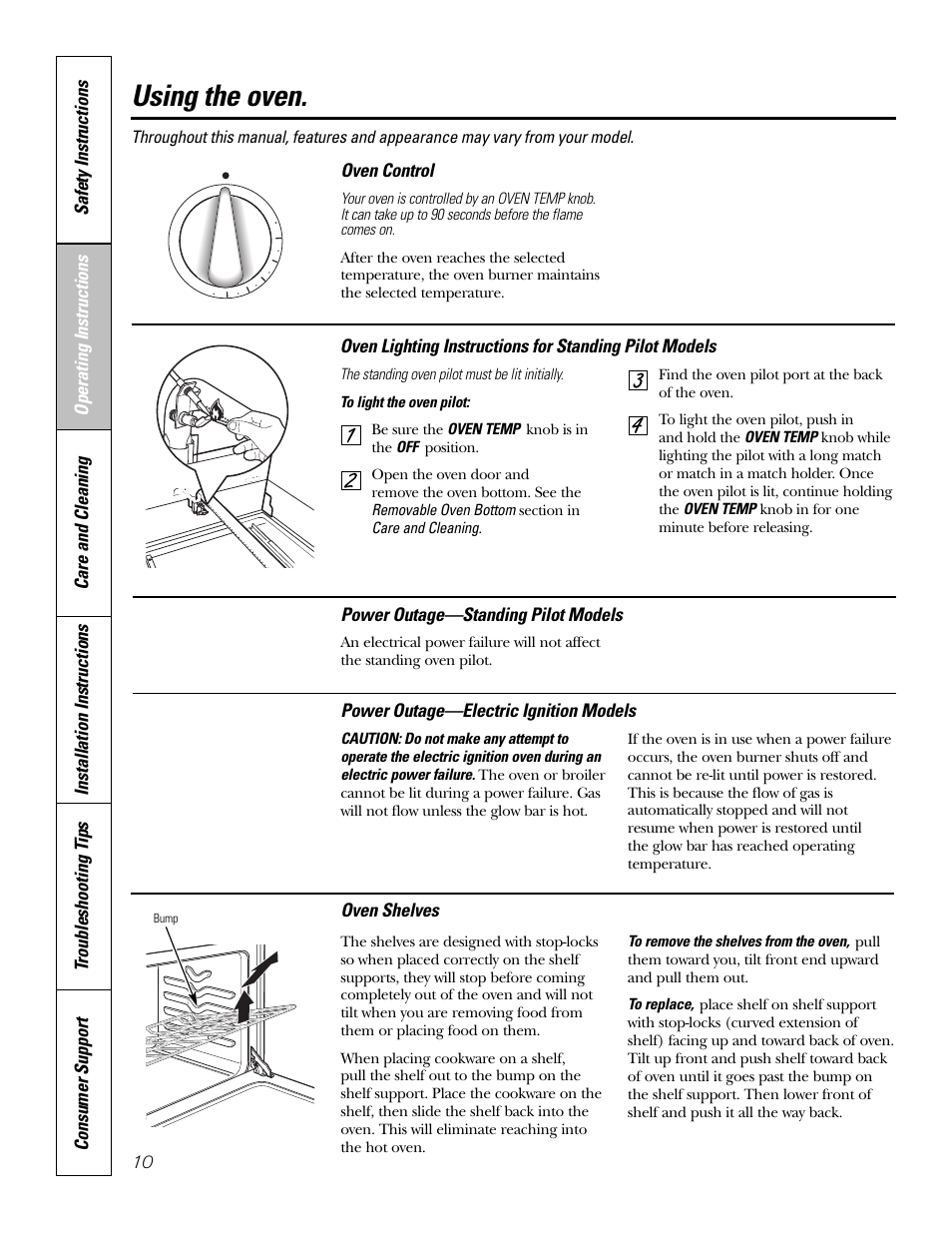 Using the oven, Oven control, Oven shelves | Power outage—electric ignition models, Power outage—standing pilot models | GE JGAS02SENSS User Manual | Page 10 / 36