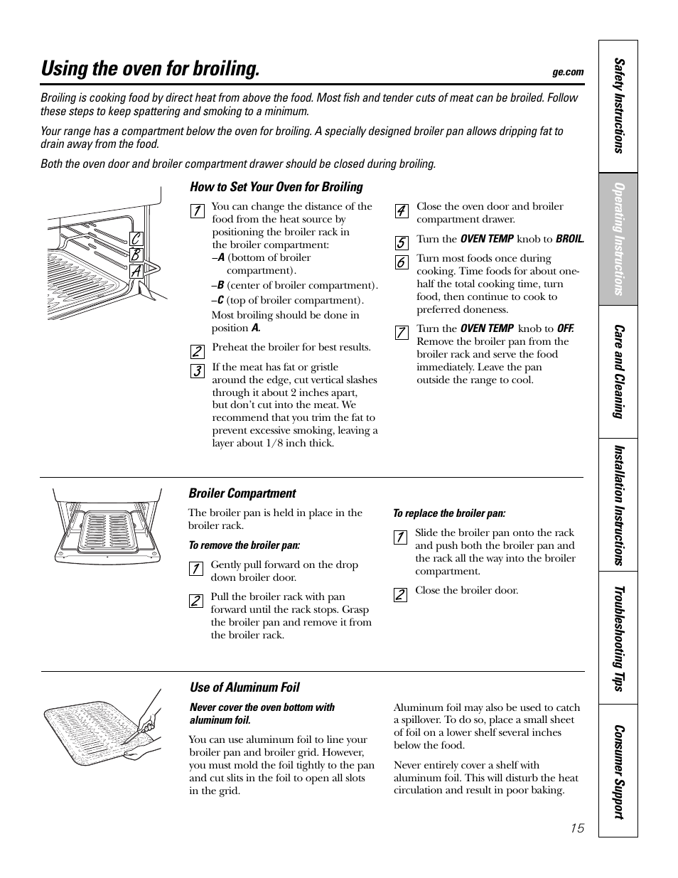 Using the oven for broiling | GE JGAS02SENSS User Manual | Page 15 / 36