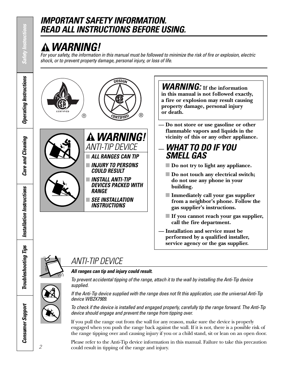 What to do if you smell gas, Warning, Anti-tip device | GE JGAS02SENSS User Manual | Page 2 / 36