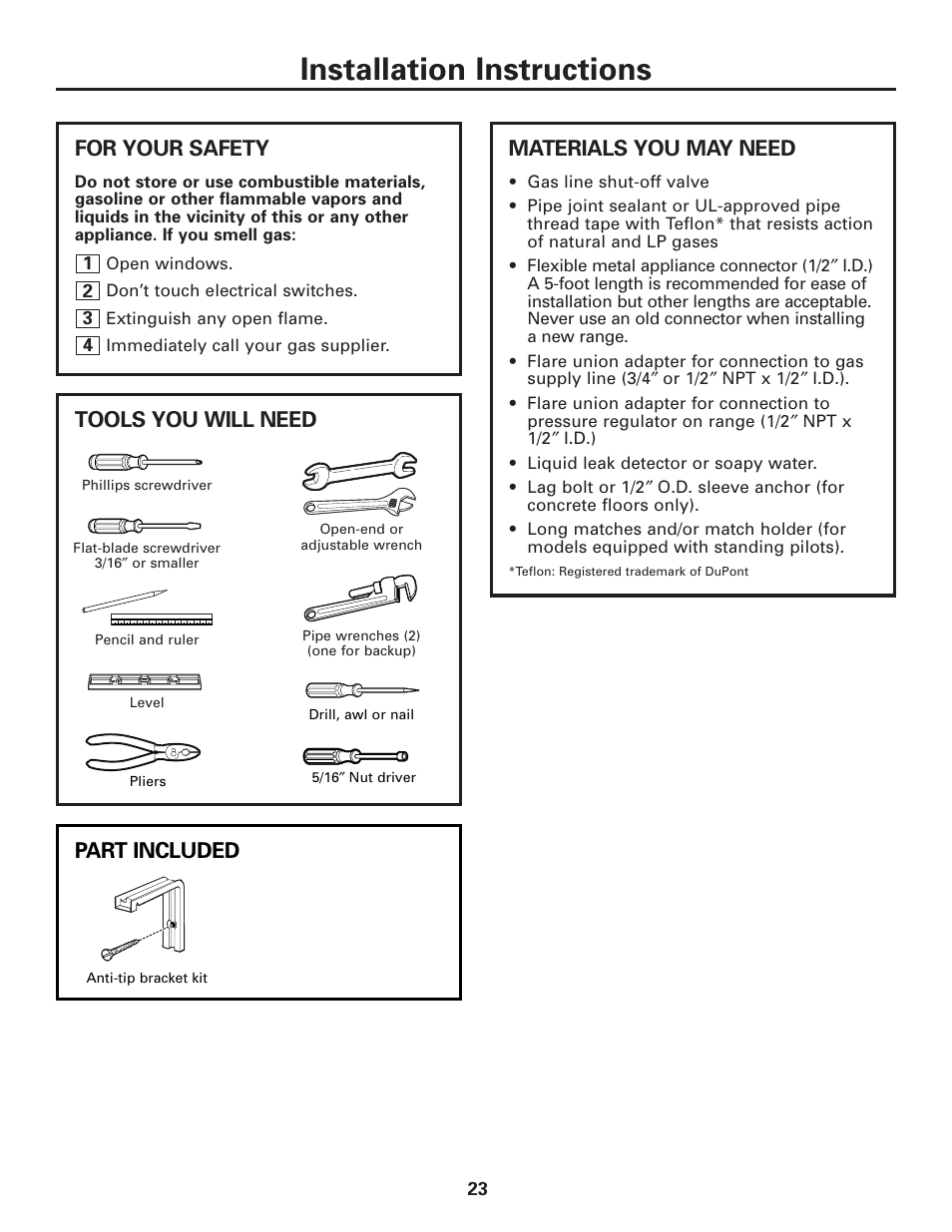 Installation instructions, Tools you will need, For your safety | Materials you may need, Part included | GE JGAS02SENSS User Manual | Page 23 / 36